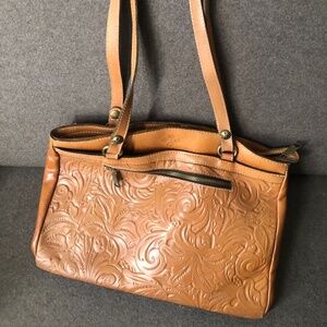 Patricia Nash Poppy Tote Florence Brown Tan Tooled Leather Zipper Tote Bag